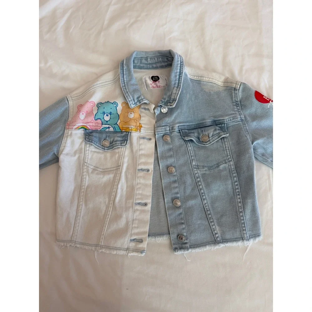 Justice Care Bears Girls Denim Jacket Blue White Colorblock Frayed Hem Size 7/8